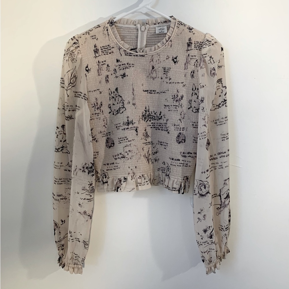 Aritzia wilfred tempest blouse Nature Illustrated Smocked Crop Top